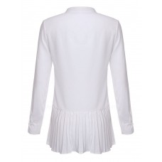 Women White Casual Long Sleeve Pleated Chiffon Blouse