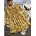 Women Floral Print Pleated Three Quarter Sleeve Blouse
