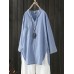 Vintage Women Striped Big Pocket Split Irregular Blouse