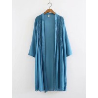 Vintage Solid Stand Collar Pleated Cardigans Long Shirt