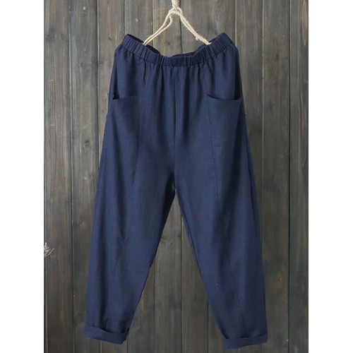 Women Elastic Waist Pure Color Pants with Pockets