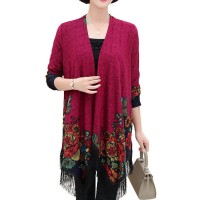 Vintage Women Floral Print Irregular Hem Long Sleeve Cardigans with Tassel